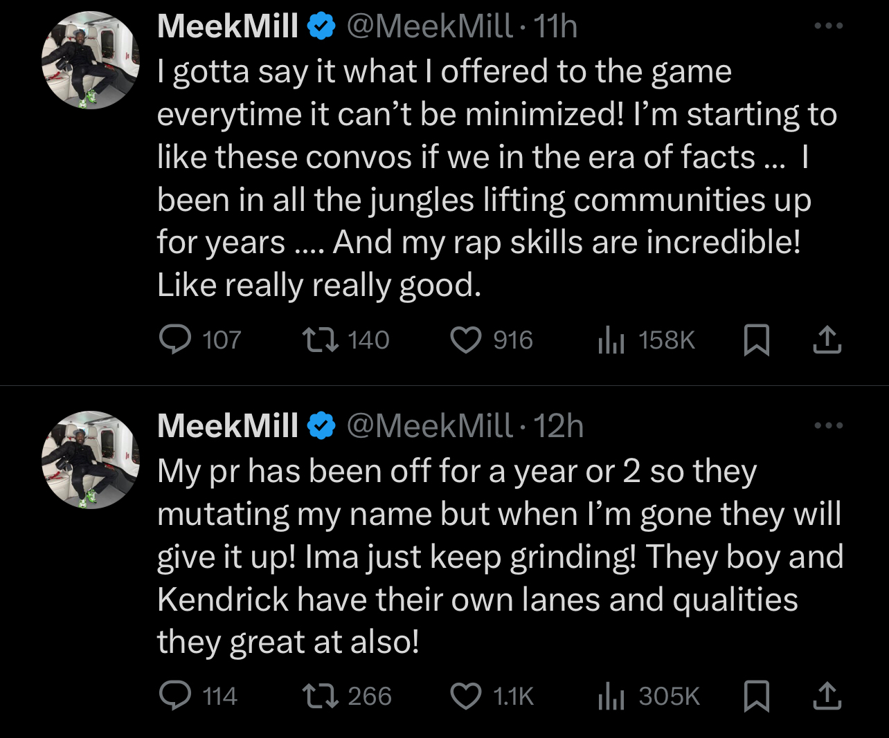 Two screenshots of tweets by rapper Meek Mill discussing his impact on the music industry and his work ethic
