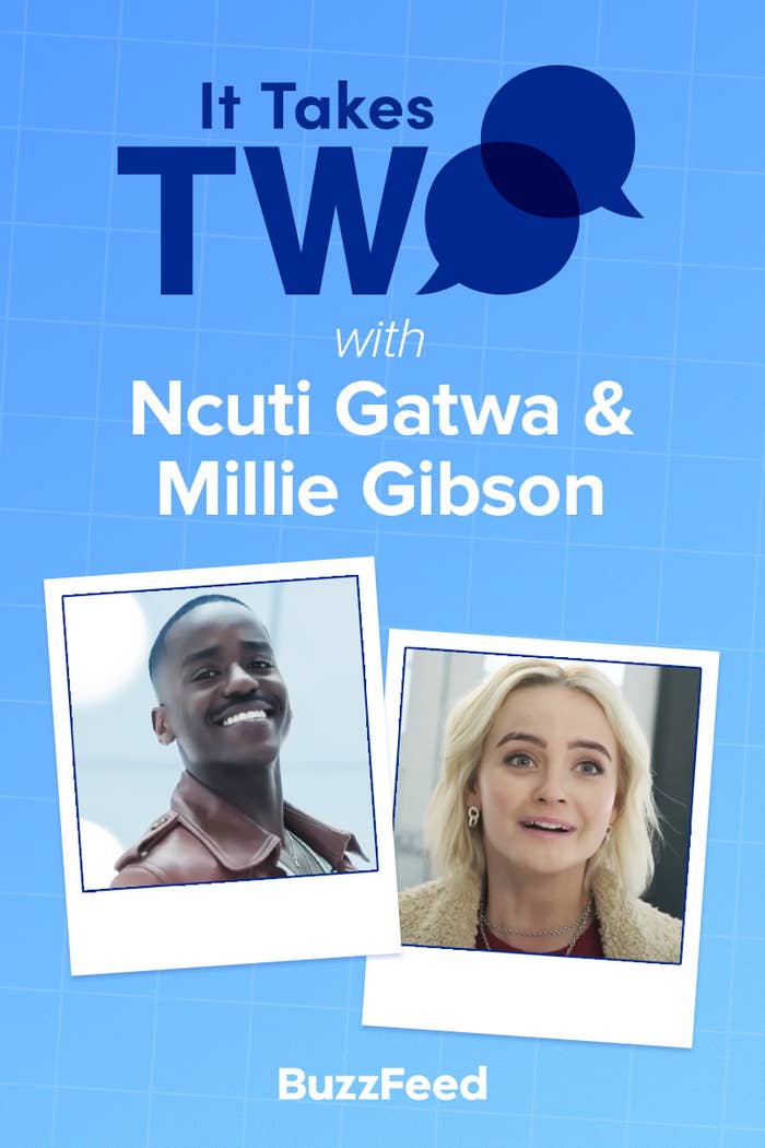 Promotional graphic for &quot;It Takes Two&quot; featuring smiling headshots of Ncuti Gatwa and Millie Gibson against a background