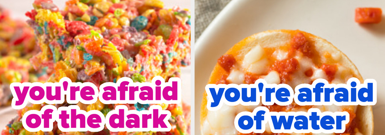 "Side-by-side images. Left: rainbow cereal treat. Right: mini pizza with text overlays sharing phobias."