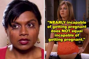 Two characters from 'The Office' with a quote about pregnancy misunderstandings