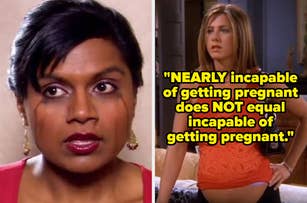 Two characters from 'The Office' with a quote about pregnancy misunderstandings