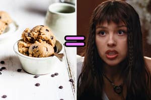 Bowl of cookies on table; image right is a still of the character Eleven from "Stranger Things"