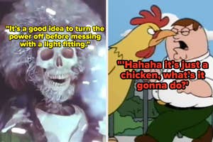 Two-panel meme: Left shows a shocked skeleton, right shows Peter Griffin fighting a giant chicken. Text mocks poor decisions