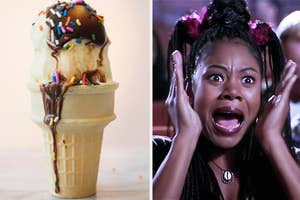Two images side by side: Left shows a melting ice cream cone with sprinkles. Right is a woman with shocked expression, hands on cheeks