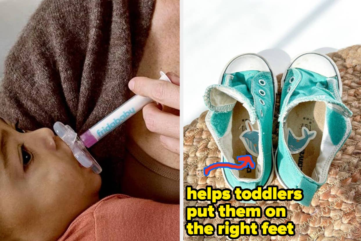 A baby receiving medicine with a pacifier syringe; toddler shoes with L/R markings inside "helps toddlers put them on the right feet"