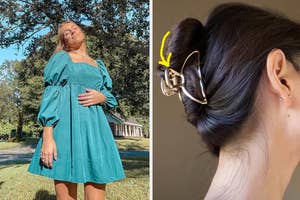 reviewer posing in teal puff sleeve dress and reviewer's hair in an updo using gold minimalist claw clip