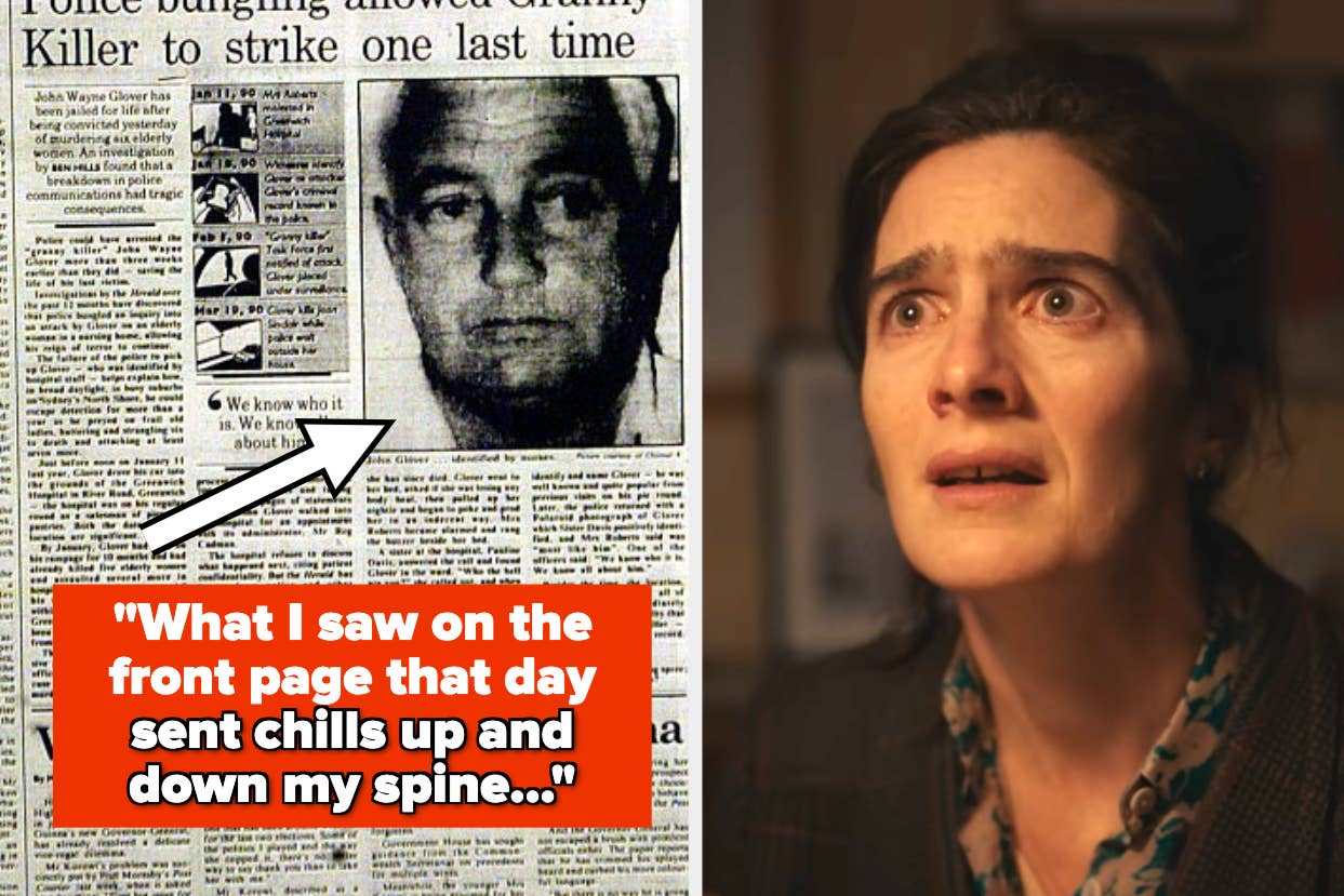 Newspaper clipping with an article about a crime alongside a woman looking shocked