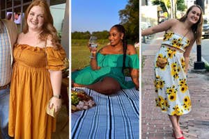 reviewer wearing yellow off shoulder maxi dress, reviewer at a picnic, sitting, wearing green ruffled romper and reviewer posing in sunflower print two piece outfit