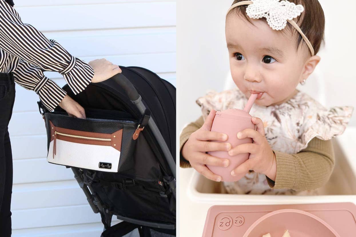 A person attaches a bag to a stroller; a toddler with a headband drinks from a pink cup
