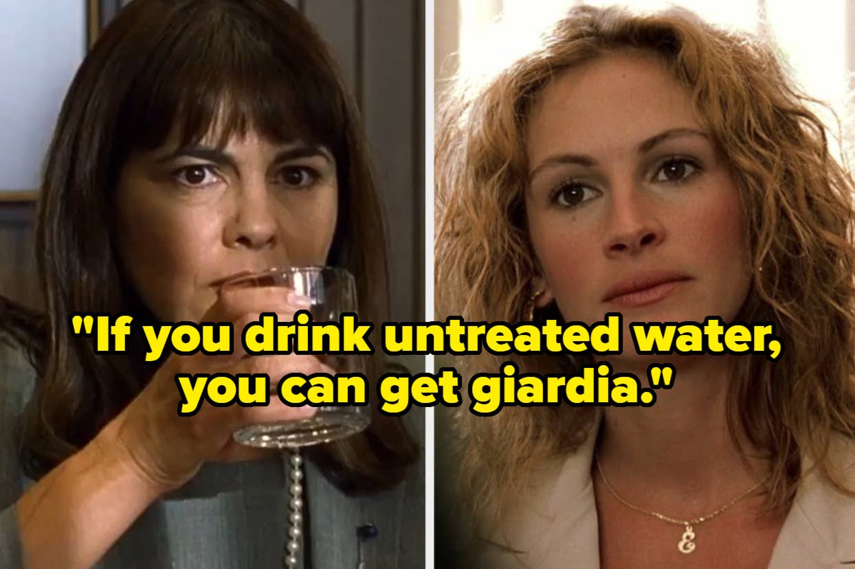 Split image with two women scenes from a film, left with a glass, right looking surprised, text on giardia