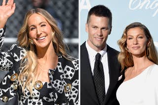 Side-by-side images of celebrities Sarah Jessica Parker smiling in patterned attire and Gisele Bündchen in a turtleneck