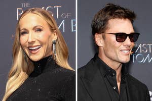 Side-by-side headshots of a smiling woman in a sparkling turtleneck and dangling earrings, and a smirking man in a black shirt and sunglasses