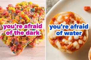 "Side-by-side images. Left: rainbow cereal treat. Right: mini pizza with text overlays sharing phobias."