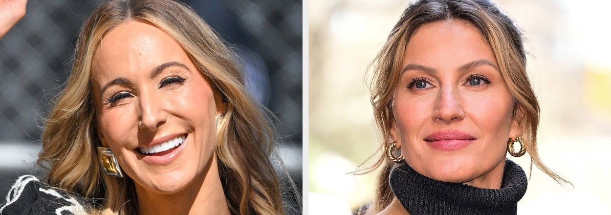 Side-by-side images of celebrities Sarah Jessica Parker smiling in patterned attire and Gisele Bündchen in a turtleneck