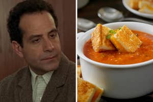 Split image: Left - Actor as TV character, right - Bowl of tomato soup with grilled cheese sandwiches