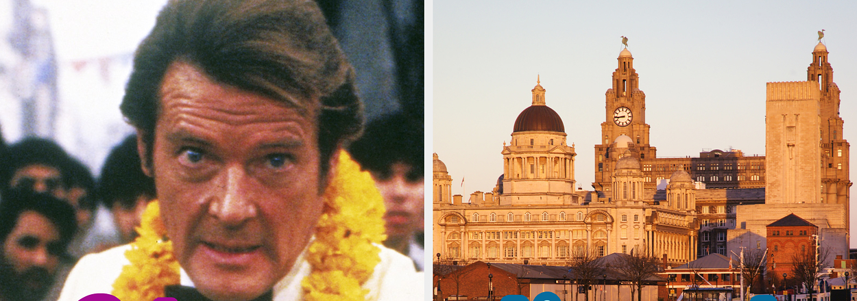 Split image: Left, Roger Moore as James Bond in "Octopussy"; right, Liverpool skyline with buildings reflected in water