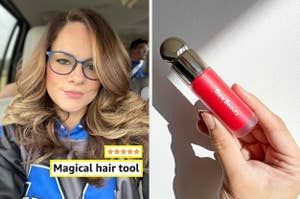 Person holding a tube of Rare Beauty lip product next to a split image of a woman with styled hair and glasses. Text: Magical hair tool