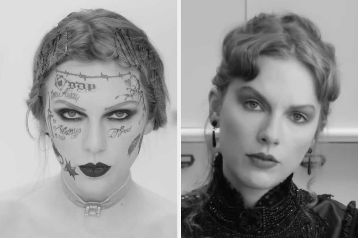 Split image; left side features Taylor Swift with face tattoos, right side shows a close-up of her face without tattoos