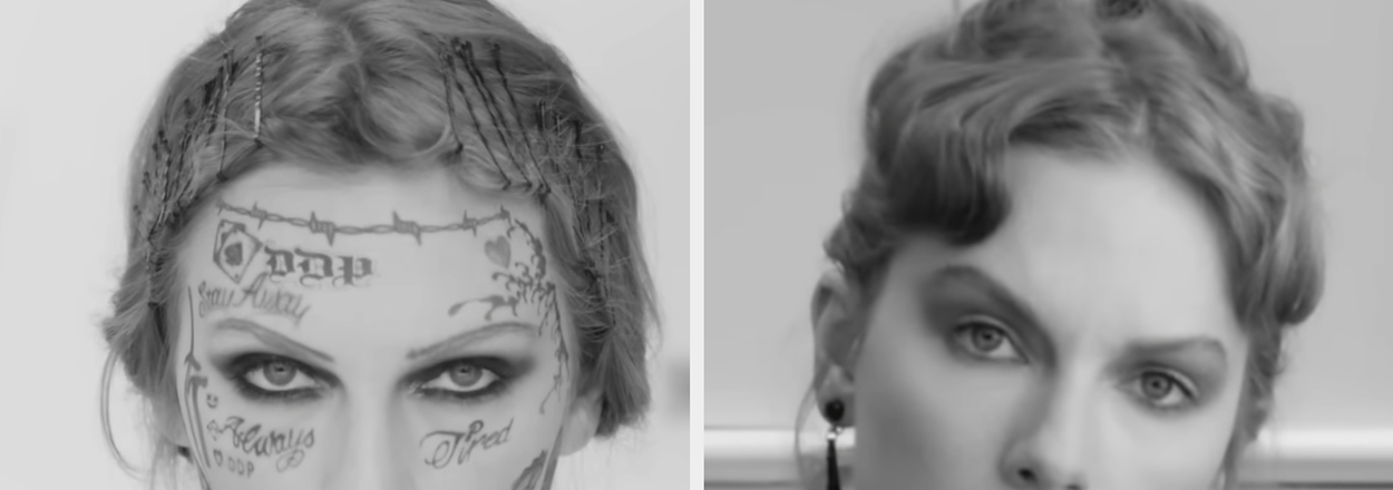Split image; left side features Taylor Swift with face tattoos, right side shows a close-up of her face without tattoos