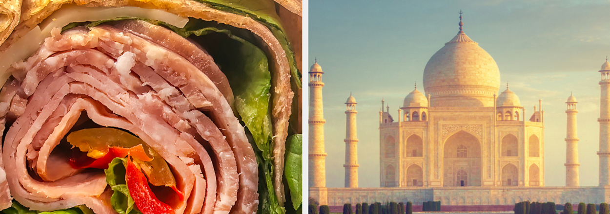 Left: Close-up of a wrapped sandwich with turkey and lettuce. Right: Taj Mahal reflected in long water feature