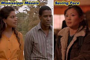 Two movie scenes: Left, characters Meena and Demetrius from "Mississippi Masala"; right, character Wil from "Saving Face"