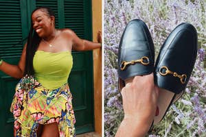 Reviewer in a vibrant green strapless corset top and skirt smiling; and close-up of black mule shoes with metal accents