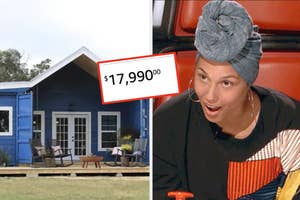 Woman reacts to a tiny house price label