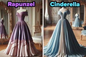 On the left, an off the shoulder gown labeled Rapunzel, and on the right, a dress with puffy sleeves labeled Cinderella