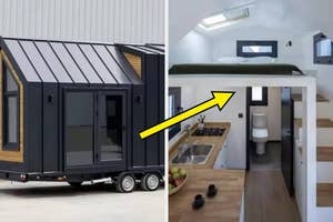Compact tiny house on wheels with a loft bed and an interior view showing kitchen and bathroom