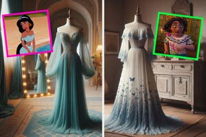 On the left, an off the shoulder gown with an image of Jasmine from Aladdin next to it, and on the right, a gown with a ruffled collar with an image of Mirabel from Encanto next to it