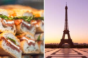 Split image with a close-up of a sandwich on one side and the Eiffel Tower at dusk on the other