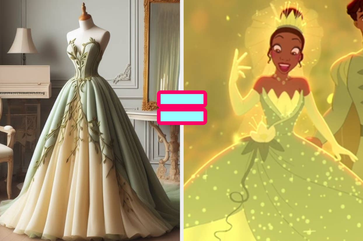 On the left, a ball gown, and on the right, Tiana from The Princess in the Frog in a ball gown