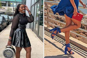 reviewer wearing black patterned mesh shirt with faux leather skirt and model posing in blue strappy pumps with matching dress