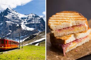 Left: Train ascending a mountain track. Right: Close-up of a grilled cheese and ham sandwich