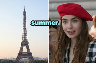 Split image with Eiffel Tower on left and animated character, Emily from "Emily in Paris" on right, wearing beret and plaid jacket. The word "summer" is overlaid