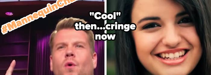 Split image with James Corden on the left referencing the Mannequin Challenge and a young woman on the right smiling, text alluding to Rebecca Black's "Friday" song