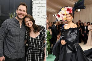 Left: Two smiling individuals posing arm in arm. Right: Person wearing an extravagant floral headpiece and black dress at an event