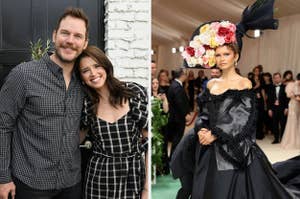 Left: Two smiling individuals posing arm in arm. Right: Person wearing an extravagant floral headpiece and black dress at an event