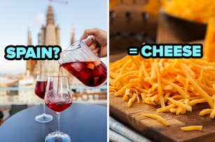 Left: Hand pouring sangria into glasses with cityscape behind. Right: Shredded cheese with equation "SPAIN? = CHEESE."
