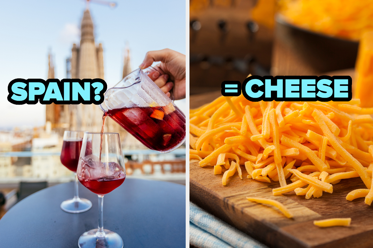 Left: Hand pouring sangria into glasses with cityscape behind. Right: Shredded cheese with equation "SPAIN? = CHEESE."