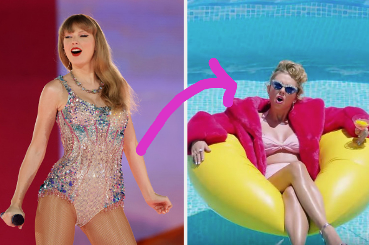 Taylor Swift performing in a sequined outfit; Katy Perry lying on a floatie in a music video