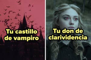 Dos imágenes divididas: izquierda, castillo en la noche con murciélagos; derecha, personaje femenino de aspecto gótico (sin nombre específico)