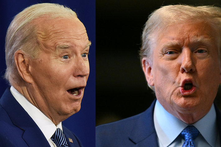 Side-by-side comparison of Joe Biden looking surprised and Donald Trump speaking