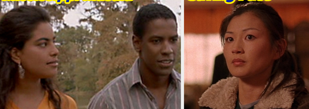 Two movie scenes: Left, characters Meena and Demetrius from "Mississippi Masala"; right, character Wil from "Saving Face"