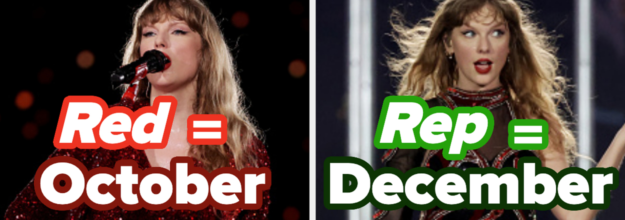 Taylor Swift performs onstage wearing two different outfits, side by side comparison. Text contrasting "Red = October" and "Rep = December"