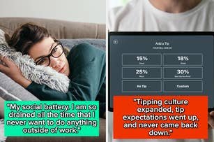 Split image: Left - Woman reclining on couch, looking tired. Right - Tablet screen showing tipping options. Text: "Tip culture expanding, expectations never went down."
