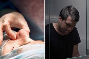 Close-up of a person's hand on their bare shoulder and a man's reflective expression in a mirror