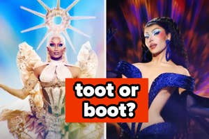 Two drag queens in extravagant costumes; left with sun-themed headpiece, right with blue ruffled attire. Text: "toot or boot?"