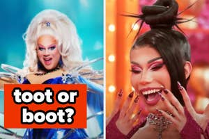 Two drag queens from RuPaul's Drag Race, one in blue attire, other laughing with text "toot or boot?"