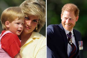 Princess Diana holding young Prince Harry, next to adult Prince Harry smiling with medals